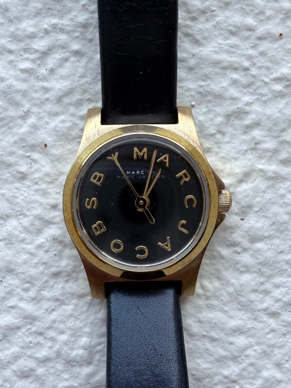 Marc by Marc Jacobs Gold Tone Logo Watch Black Leather Strap